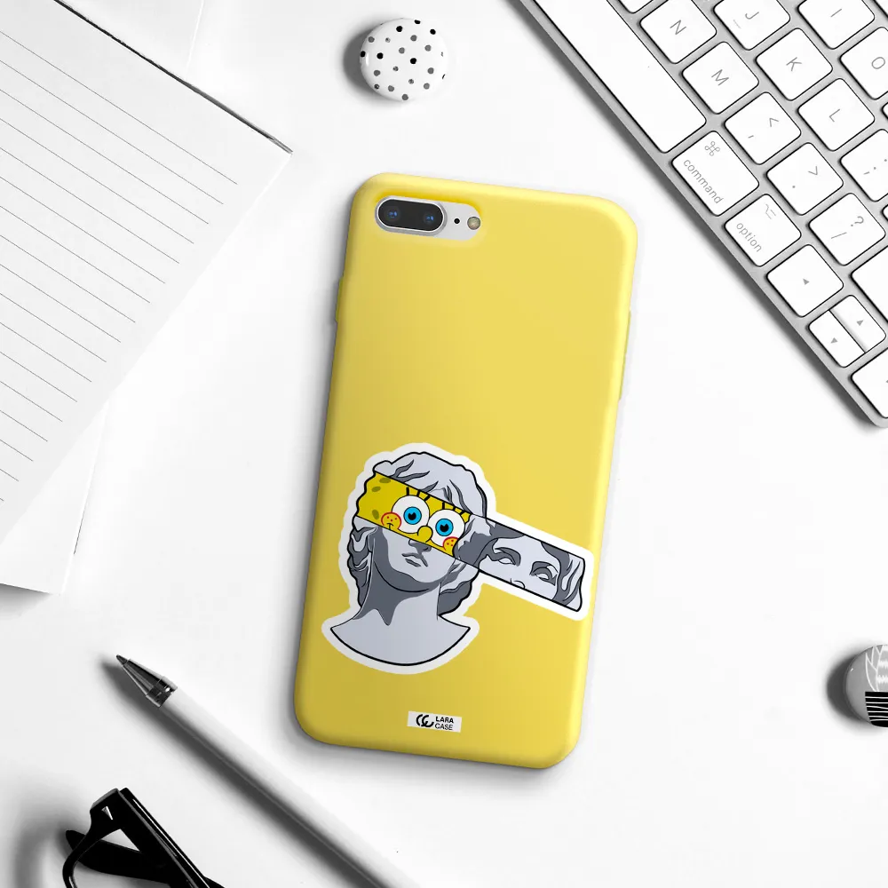 a cartoon of a statue with a yellow spongebob over its eyes Apple iPhone 8 plus Silicone canary yellow Case