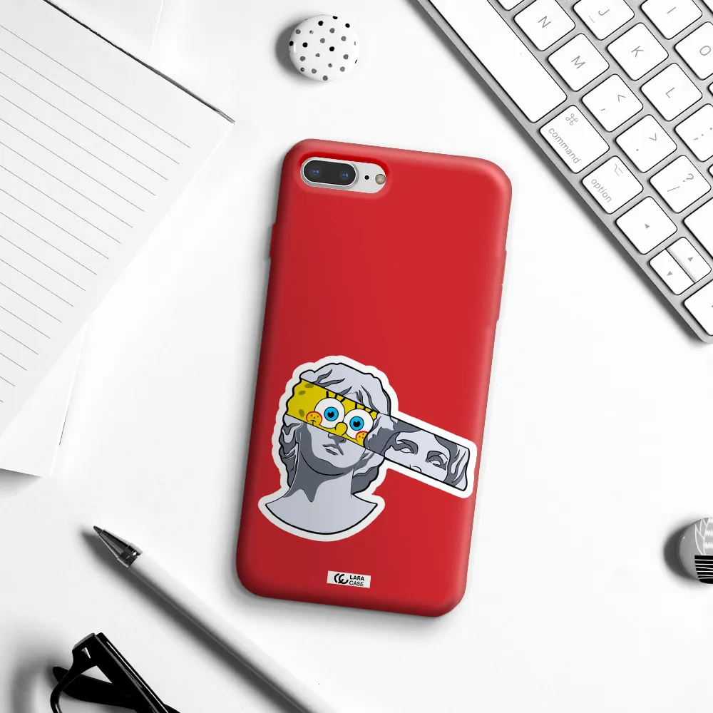 a cartoon of a statue with a yellow spongebob over its eyes Apple iPhone 8 plus Silicone Imperial Red Case
