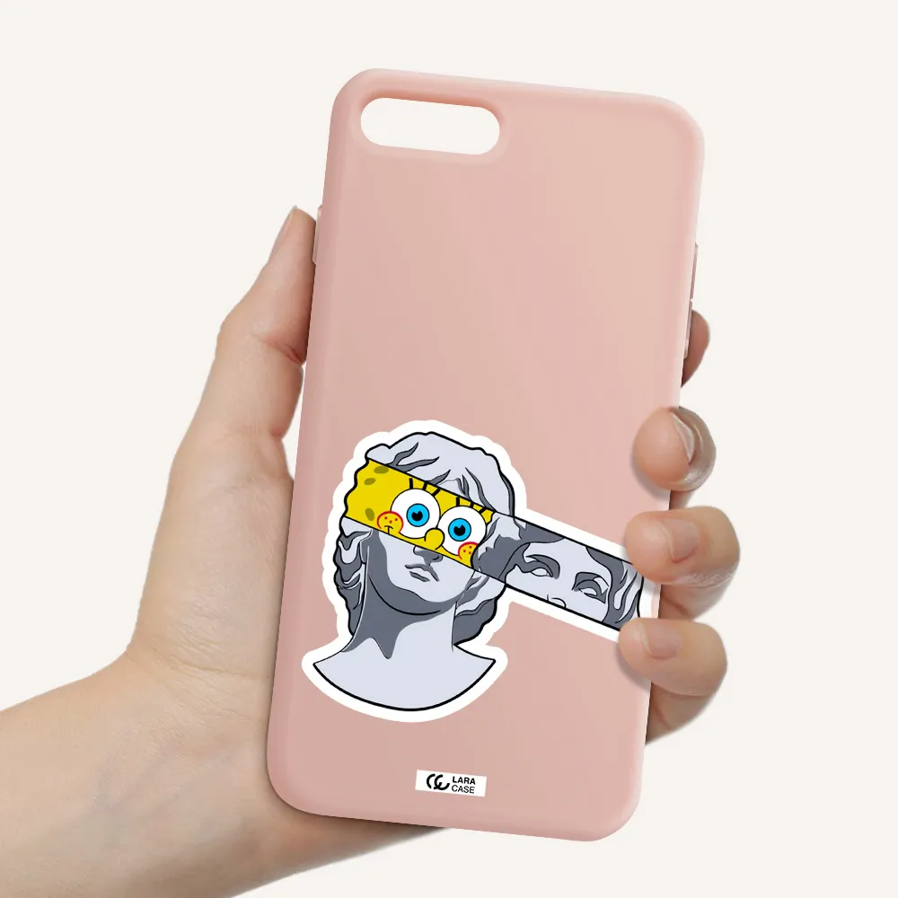 a cartoon of a statue with a yellow spongebob over its eyes Apple iPhone 8 plus Silicone pastel pink Case