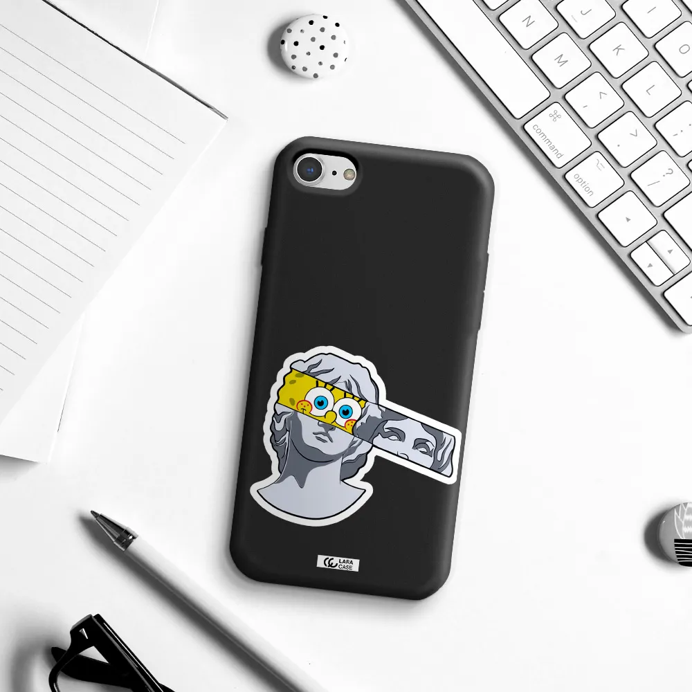 a cartoon of a statue with a yellow spongebob over its eyes Apple iPhone 8 Silicone black Case