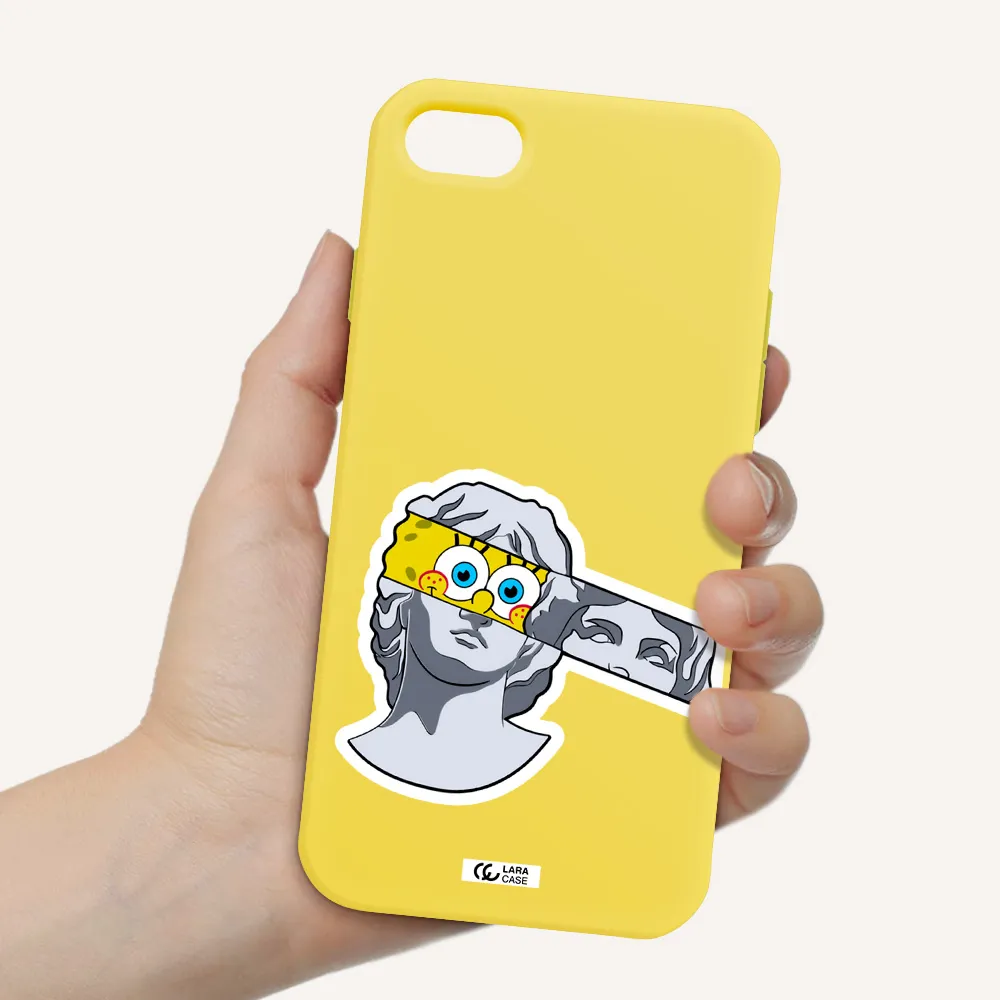 a cartoon of a statue with a yellow spongebob over its eyes Apple iPhone 8 Silicone canary yellow Case