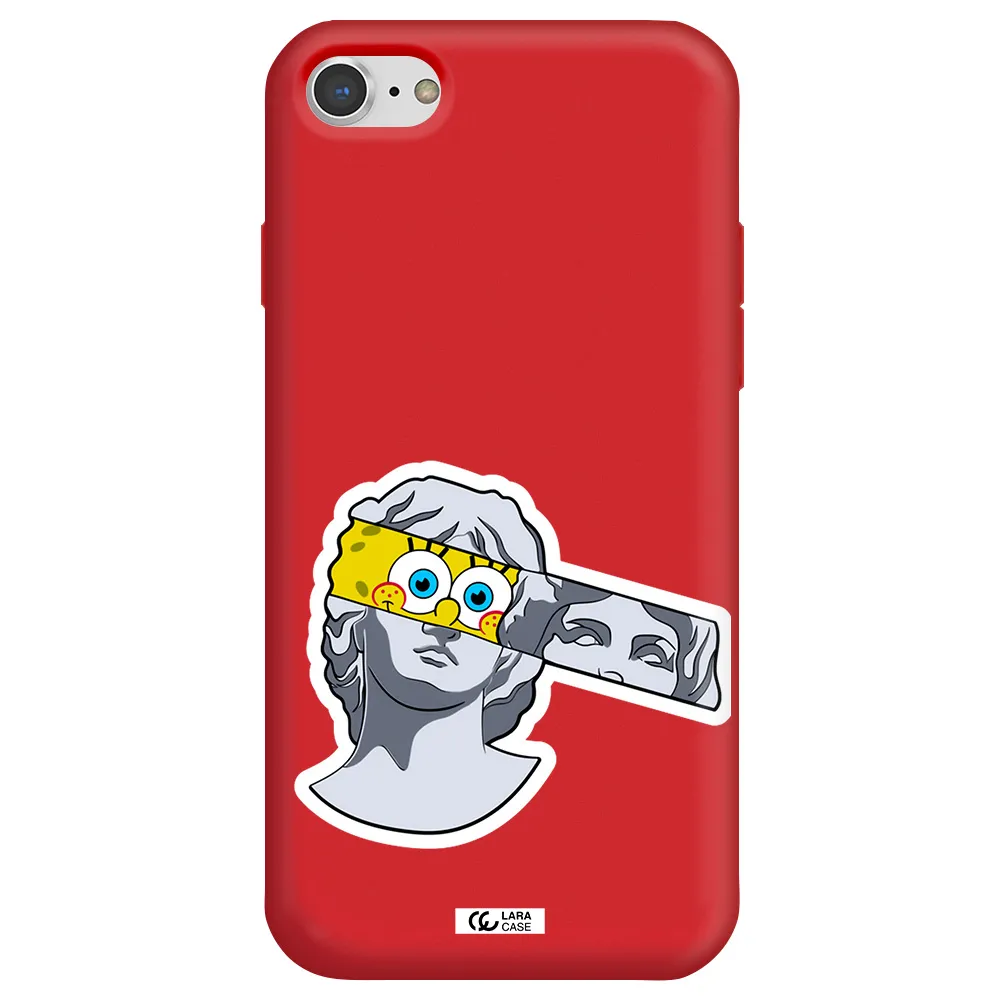 a cartoon of a statue with a yellow spongebob over its eyes Apple iPhone 8 Silicone Imperial Red Case
