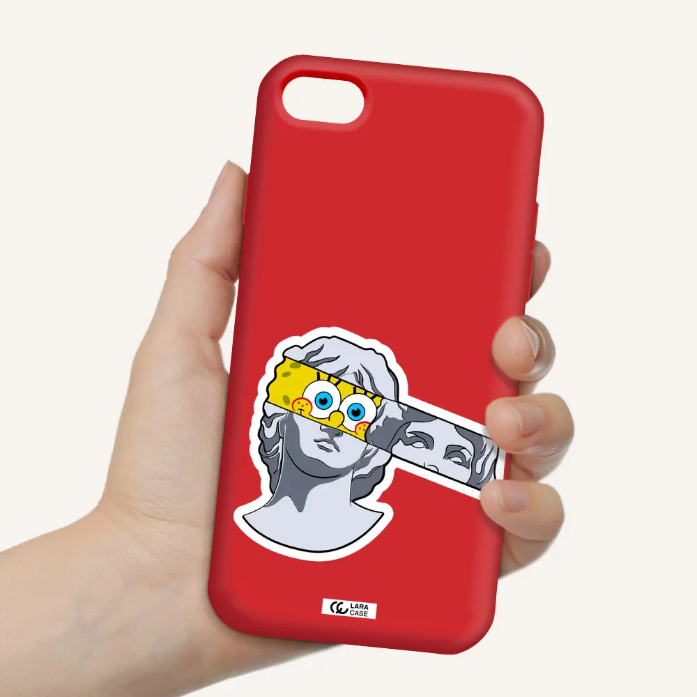 a cartoon of a statue with a yellow spongebob over its eyes Apple iPhone 8 Silicone Imperial Red Case