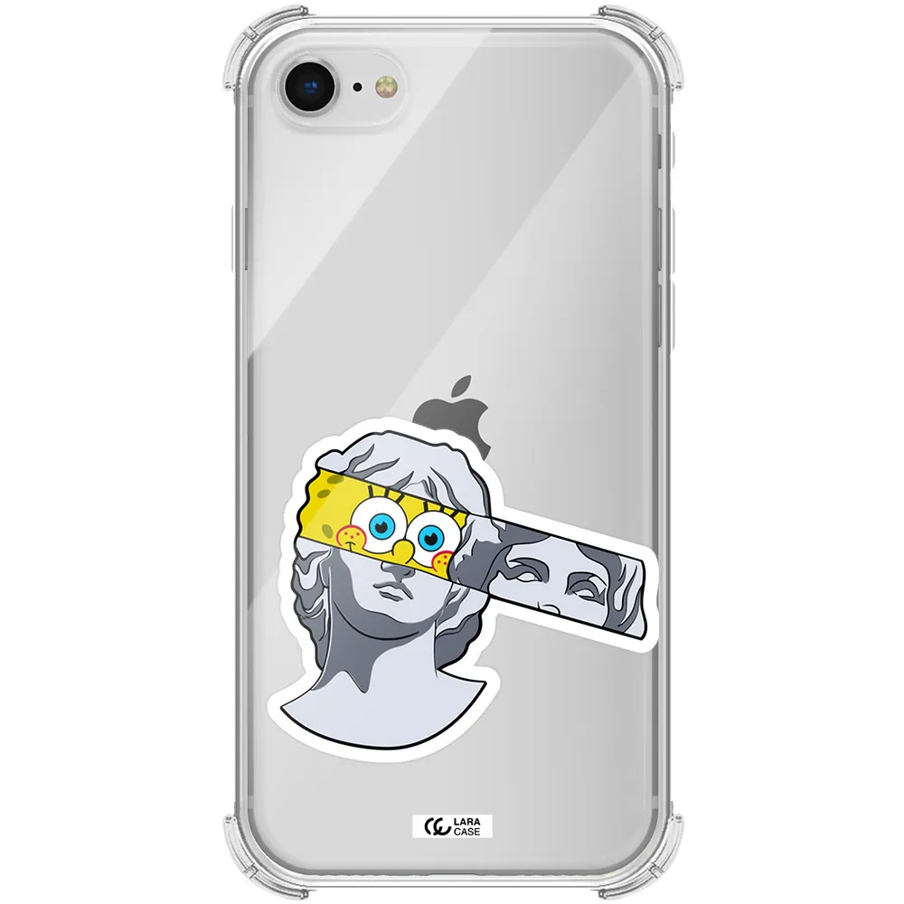 a cartoon of a statue with a yellow spongebob over its eyes Apple iPhone se 2020 Clear PC Case