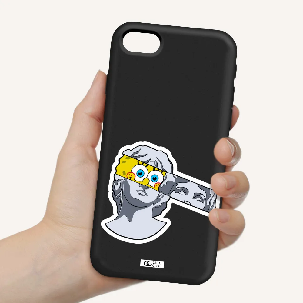 a cartoon of a statue with a yellow spongebob over its eyes Apple iPhone se 2020 Silicone black Case