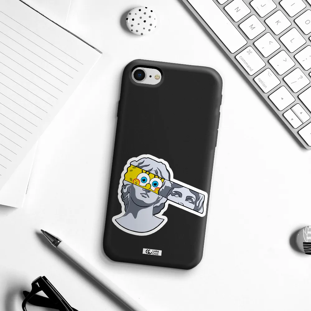 a cartoon of a statue with a yellow spongebob over its eyes Apple iPhone se 2020 Silicone black Case