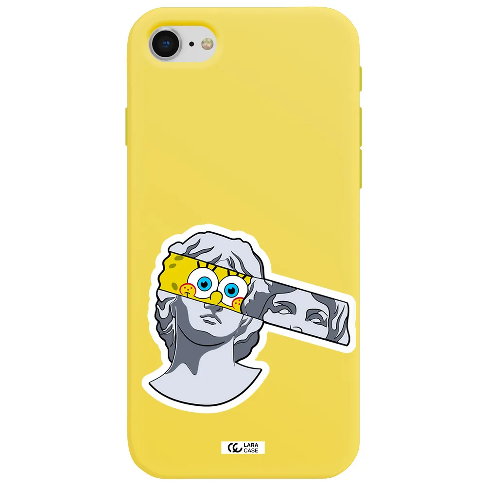 a cartoon of a statue with a yellow spongebob over its eyes Apple iPhone se 2020 Silicone canary yellow Case
