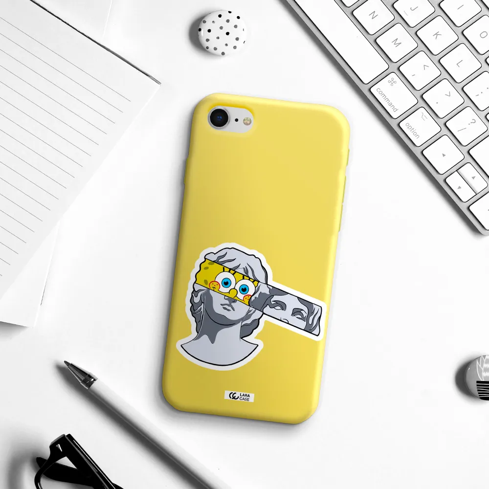 a cartoon of a statue with a yellow spongebob over its eyes Apple iPhone se 2020 Silicone canary yellow Case