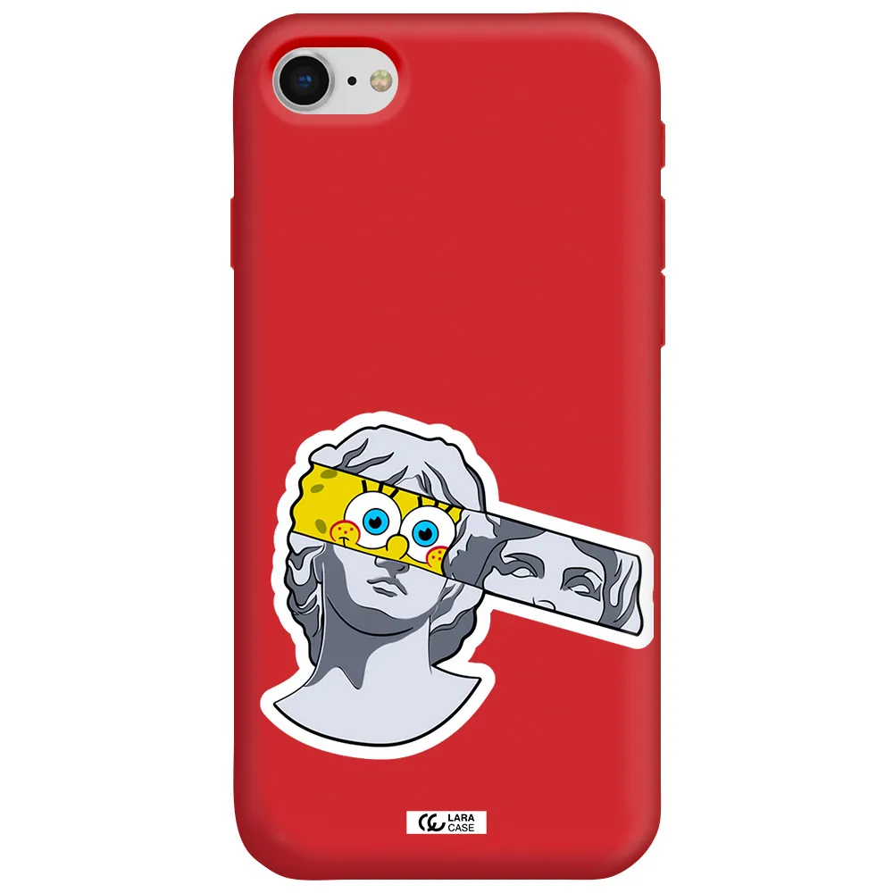 a cartoon of a statue with a yellow spongebob over its eyes Apple iPhone se 2020 Silicone Imperial Red Case