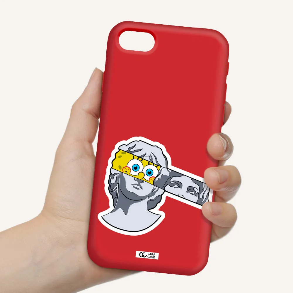 a cartoon of a statue with a yellow spongebob over its eyes Apple iPhone se 2020 Silicone Imperial Red Case
