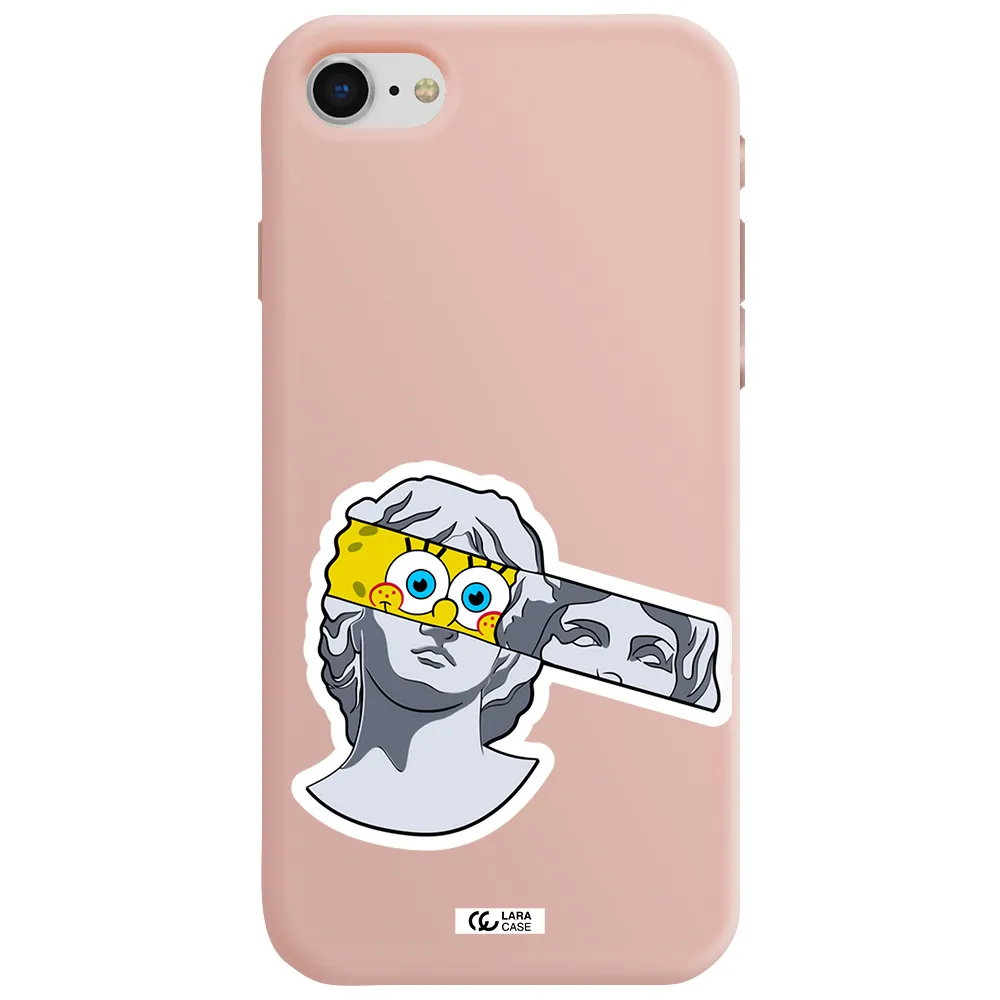 a cartoon of a statue with a yellow spongebob over its eyes Apple iPhone se 2020 Silicone pastel pink Case