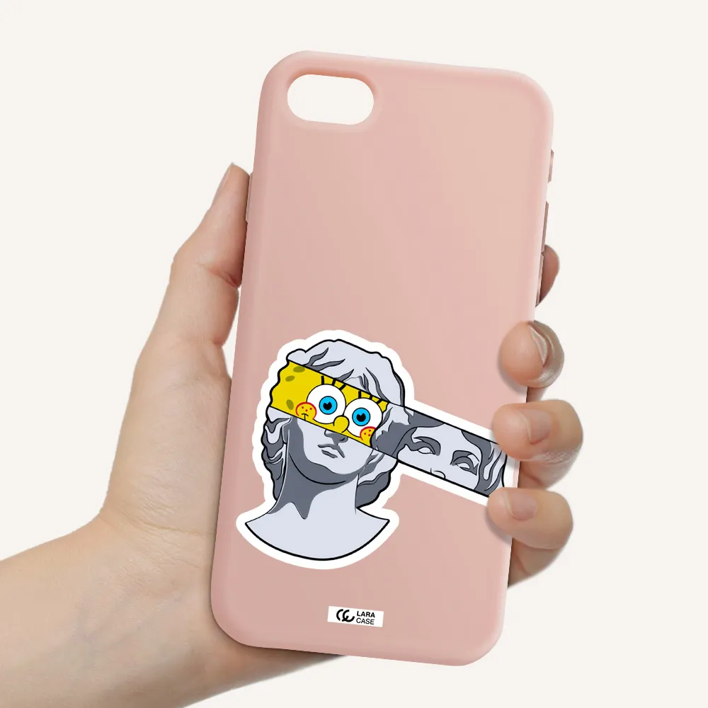 a cartoon of a statue with a yellow spongebob over its eyes Apple iPhone se 2020 Silicone pastel pink Case