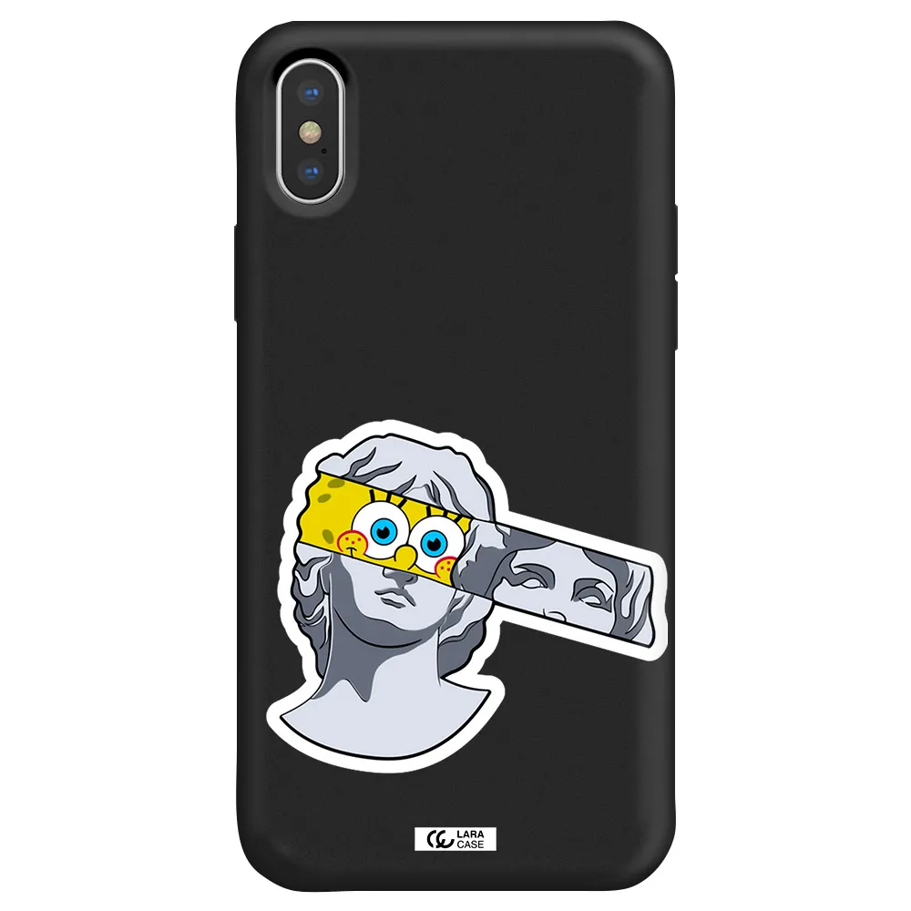 a cartoon of a statue with a yellow spongebob over its eyes Apple iPhone X Silicone black Case