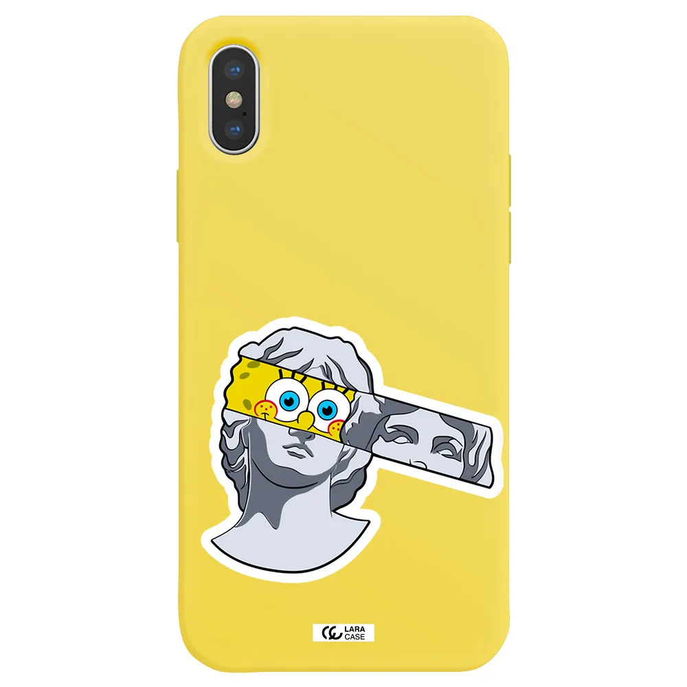 a cartoon of a statue with a yellow spongebob over its eyes Apple iPhone X Silicone canary yellow Case