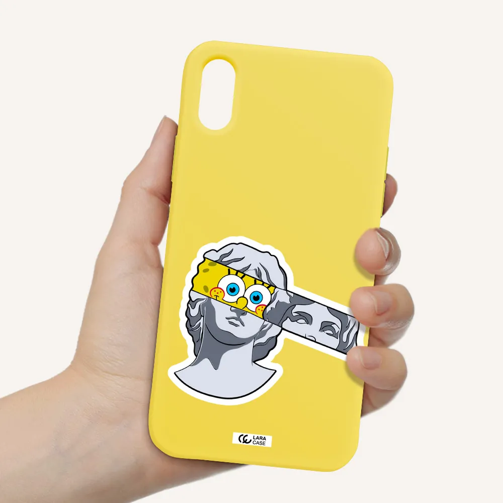 a cartoon of a statue with a yellow spongebob over its eyes Apple iPhone X Silicone canary yellow Case