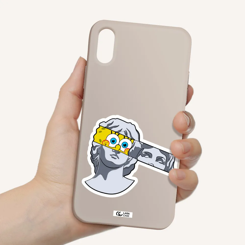 a cartoon of a statue with a yellow spongebob over its eyes Apple iPhone X Silicone Stone Case