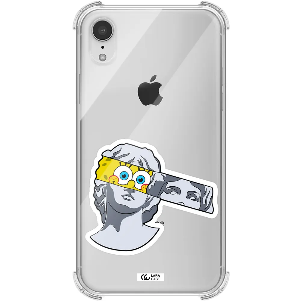 a cartoon of a statue with a yellow spongebob over its eyes Apple iPhone XR Clear PC Case