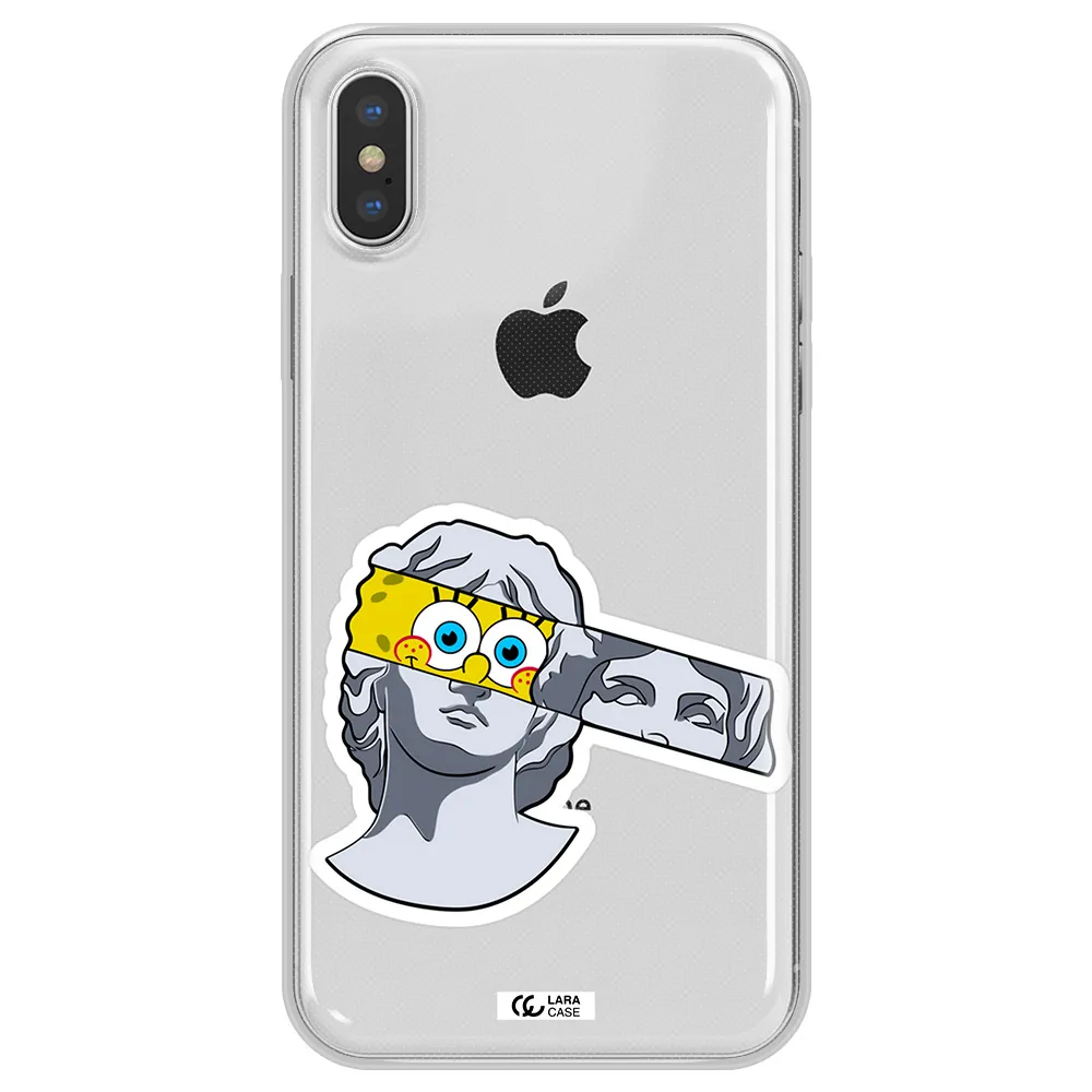 a cartoon of a statue with a yellow spongebob over its eyes Apple iPhone XS Clear TPU Case