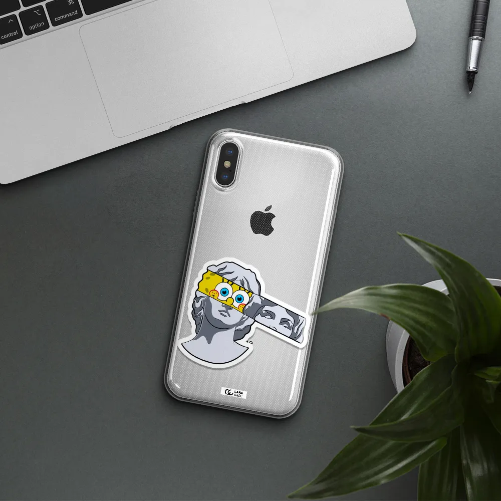 a cartoon of a statue with a yellow spongebob over its eyes Apple iPhone XS Clear TPU Case