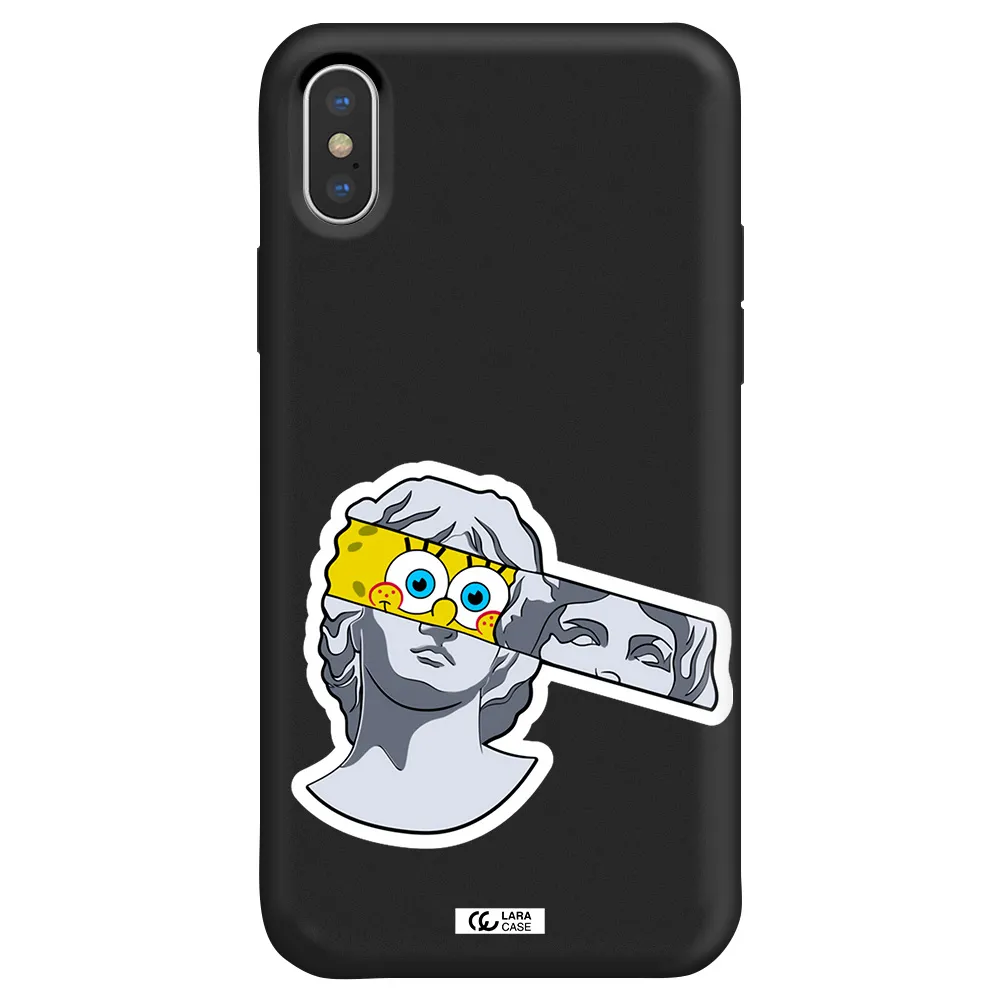 a cartoon of a statue with a yellow spongebob over its eyes Apple iPhone XS Silicone black Case