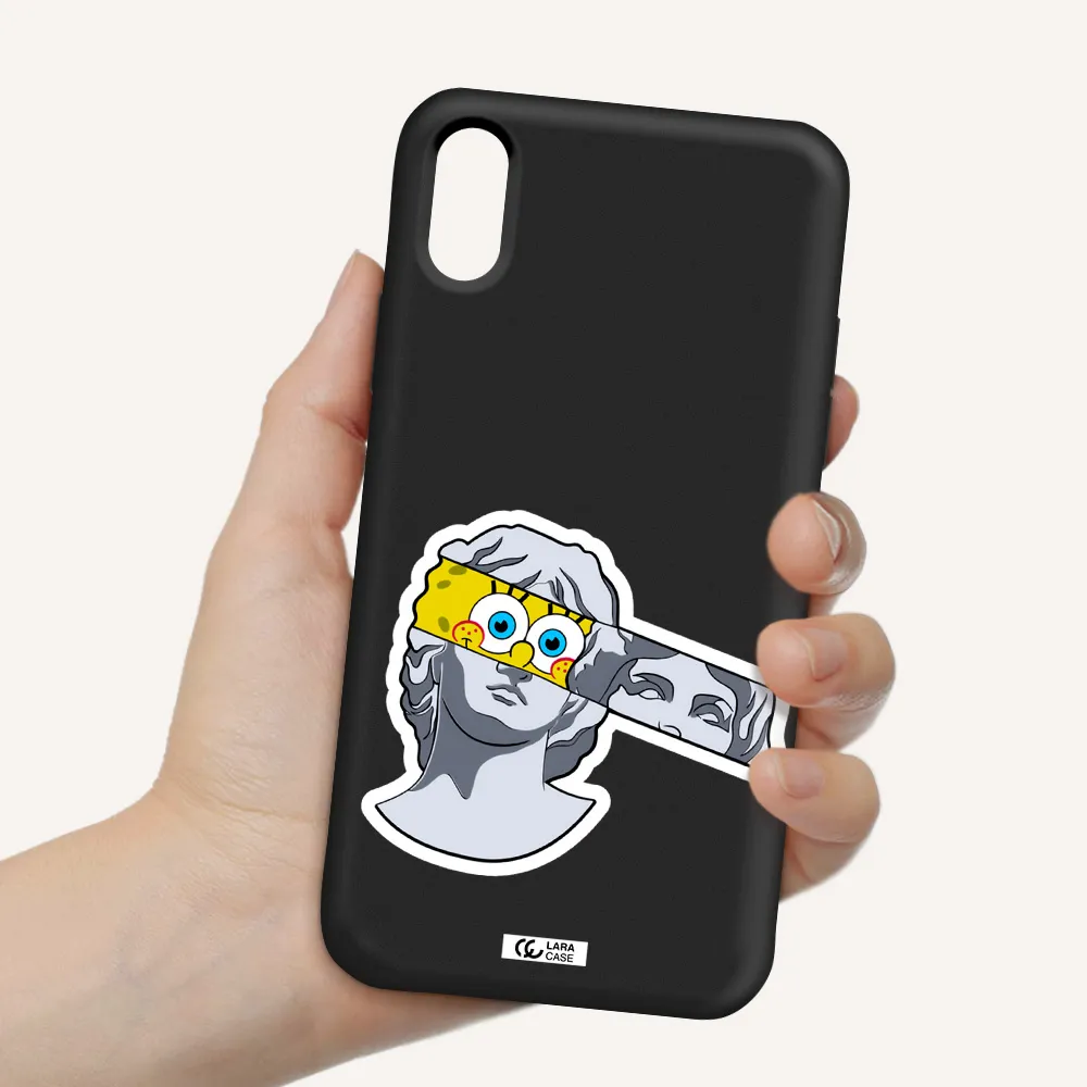 a cartoon of a statue with a yellow spongebob over its eyes Apple iPhone XS Silicone black Case