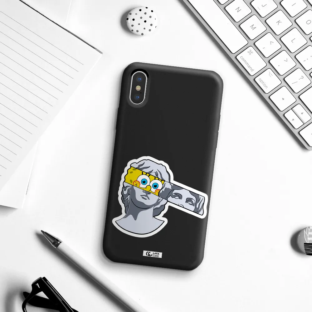 a cartoon of a statue with a yellow spongebob over its eyes Apple iPhone XS Silicone black Case