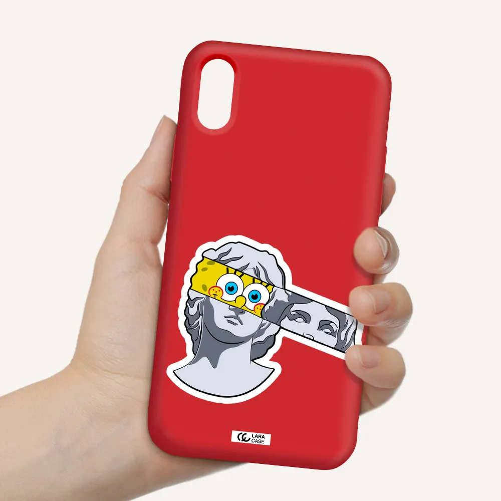 a cartoon of a statue with a yellow spongebob over its eyes Apple iPhone XS Silicone Imperial Red Case