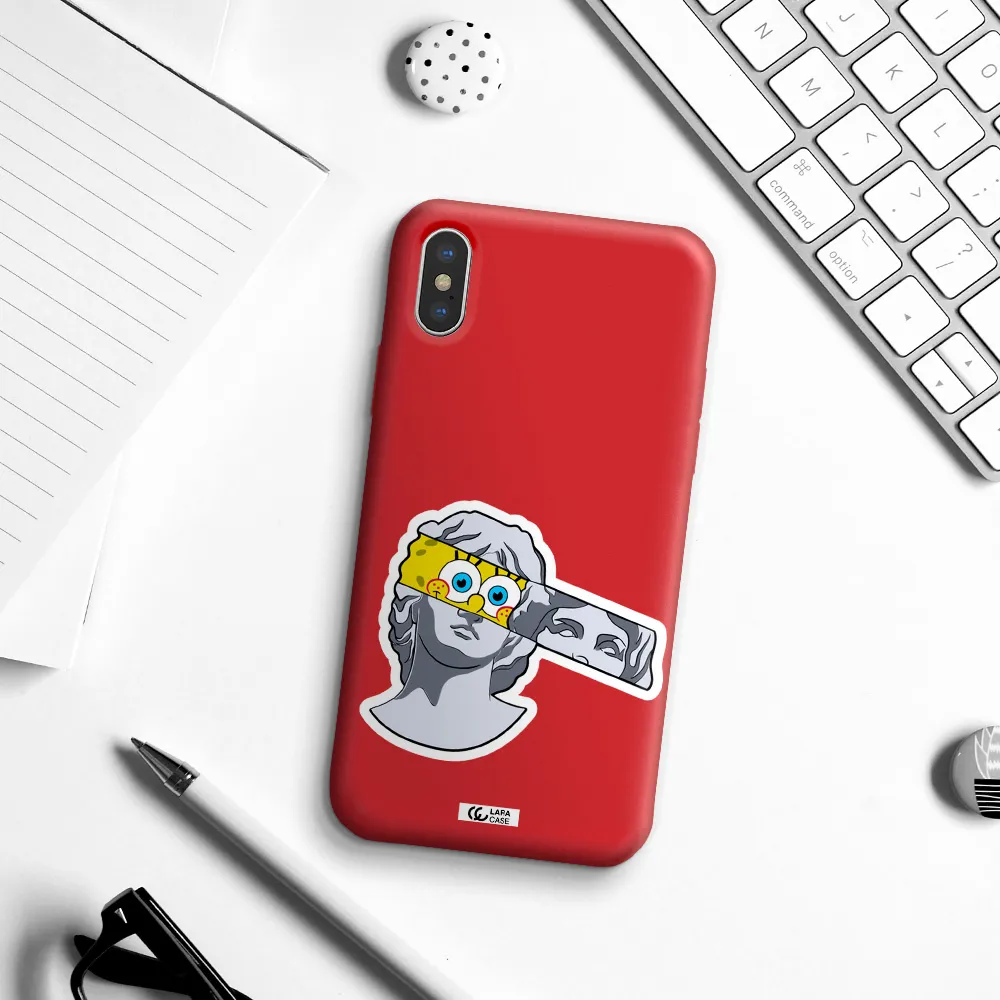 a cartoon of a statue with a yellow spongebob over its eyes Apple iPhone XS Silicone Imperial Red Case