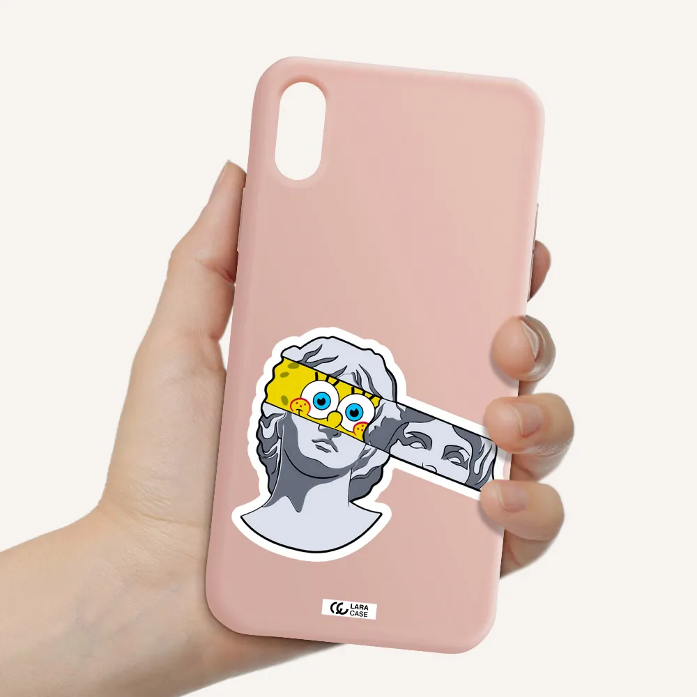 a cartoon of a statue with a yellow spongebob over its eyes Apple iPhone XS Silicone pastel pink Case