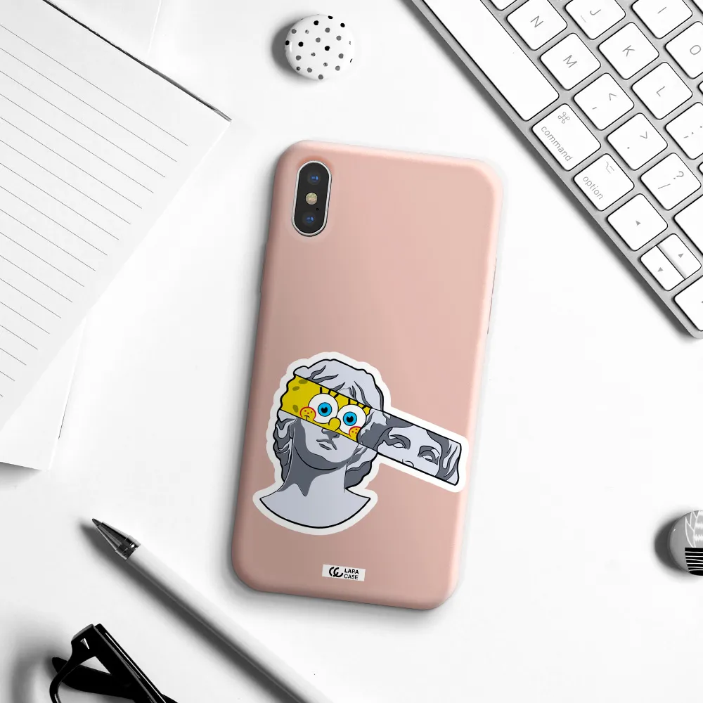 a cartoon of a statue with a yellow spongebob over its eyes Apple iPhone XS Silicone pastel pink Case