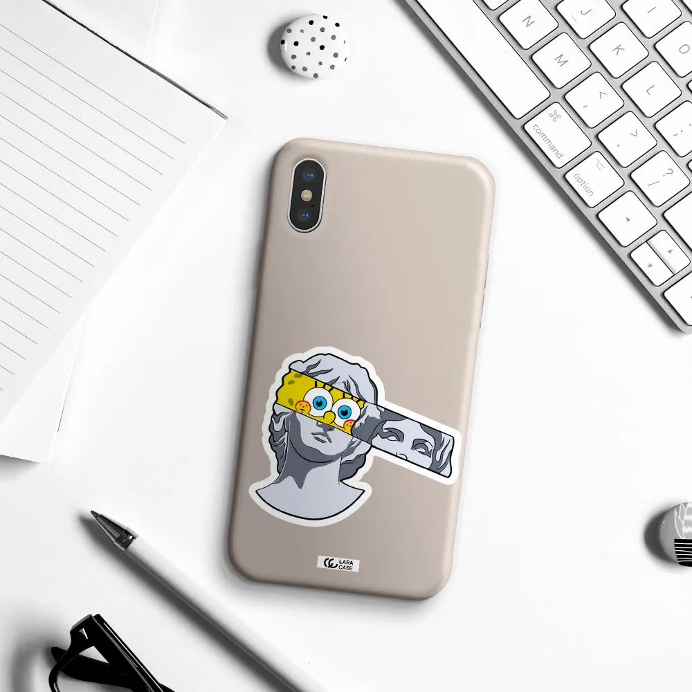 a cartoon of a statue with a yellow spongebob over its eyes Apple iPhone XS Silicone Stone Case