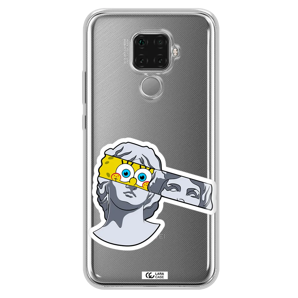 a cartoon of a statue with a yellow spongebob over its eyes Huawei Mate 30 Lite Clear TPU Case