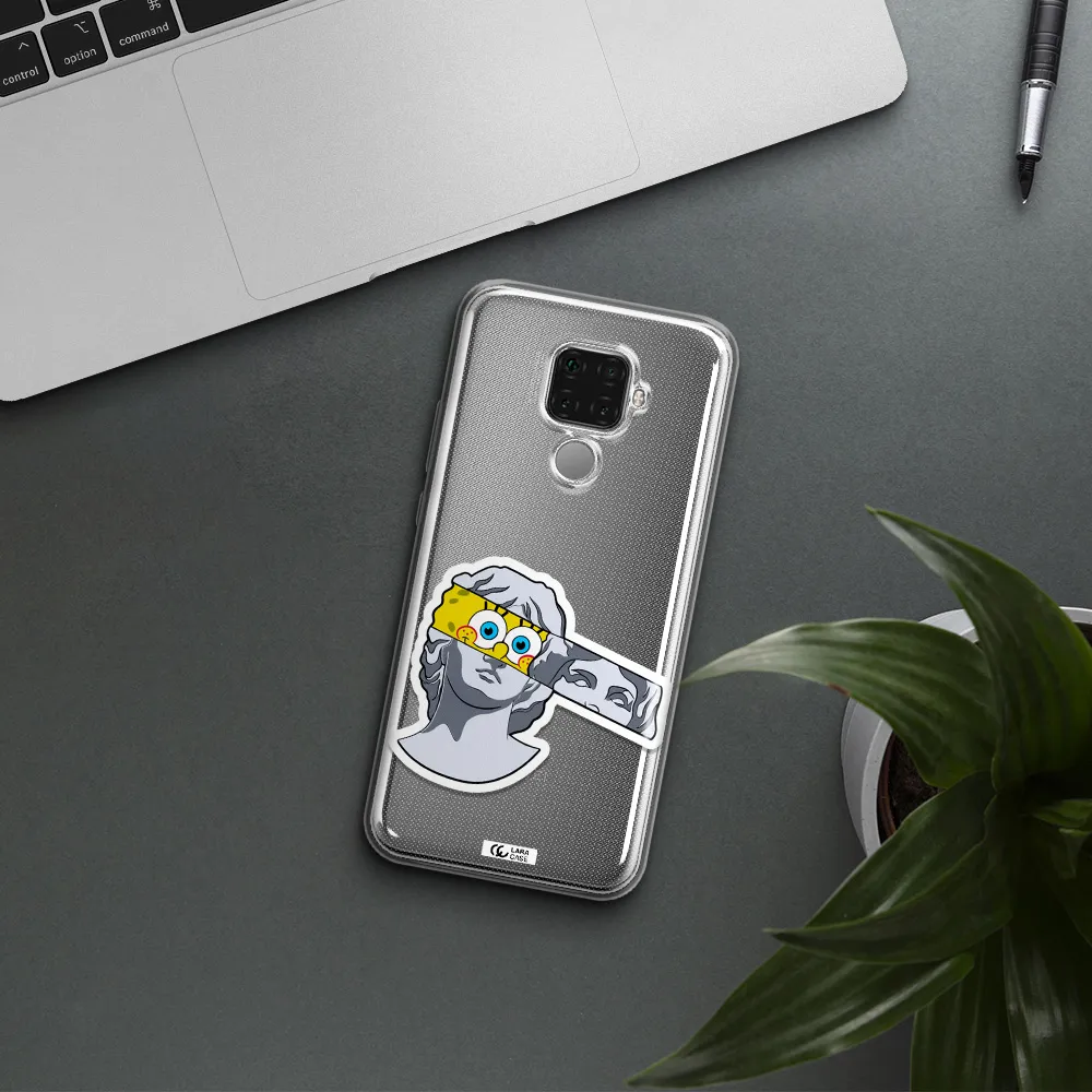 a cartoon of a statue with a yellow spongebob over its eyes Huawei Mate 30 Lite Clear TPU Case