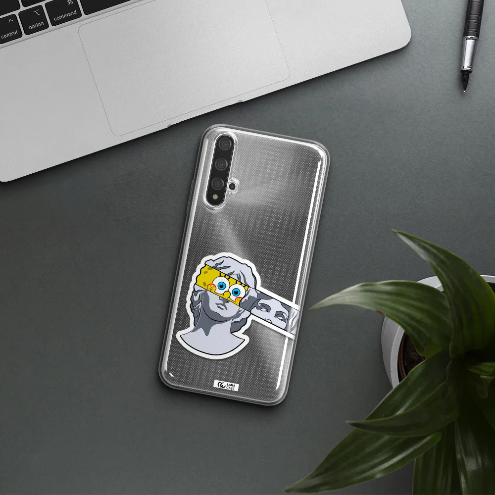 a cartoon of a statue with a yellow spongebob over its eyes Huawei Nova 5t Clear TPU Case