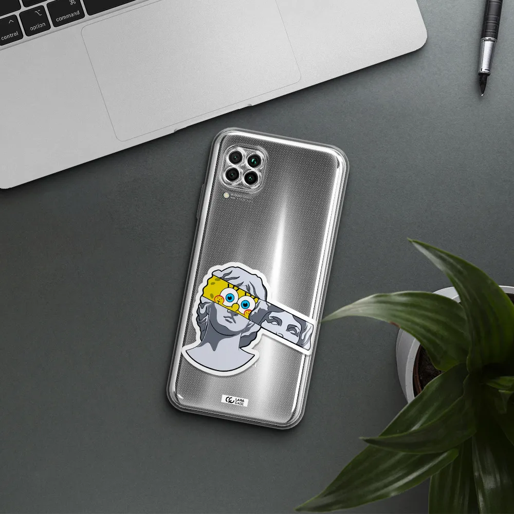 A Cartoon Of A Statue With A Yellow Spongebob Over Its Eyes Huawei Nova 7I Clear Tpu Case