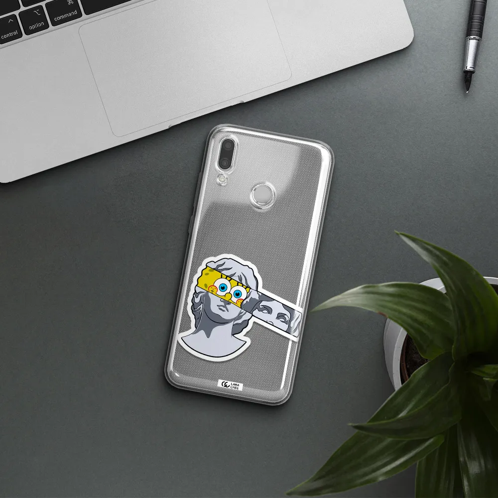 a cartoon of a statue with a yellow spongebob over its eyes Huawei P Smart 2019 Clear TPU Case