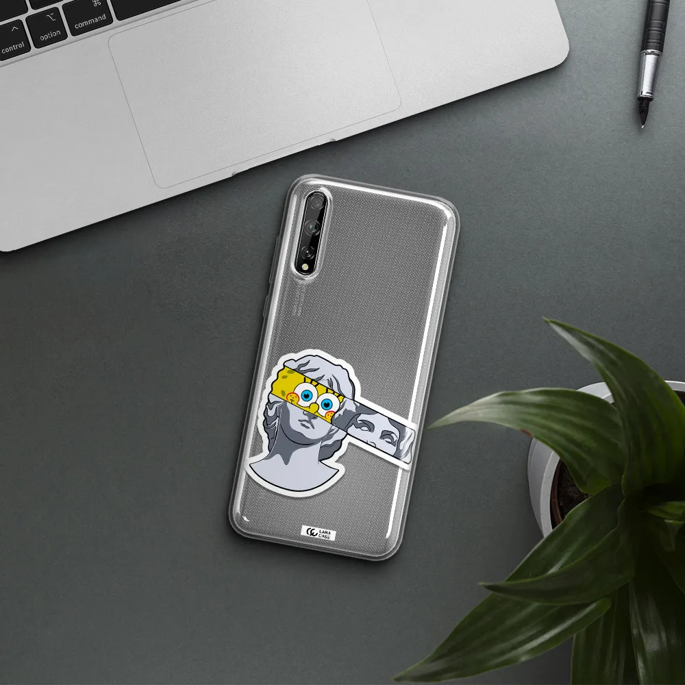 a cartoon of a statue with a yellow spongebob over its eyes Huawei P Smart S Clear TPU Case