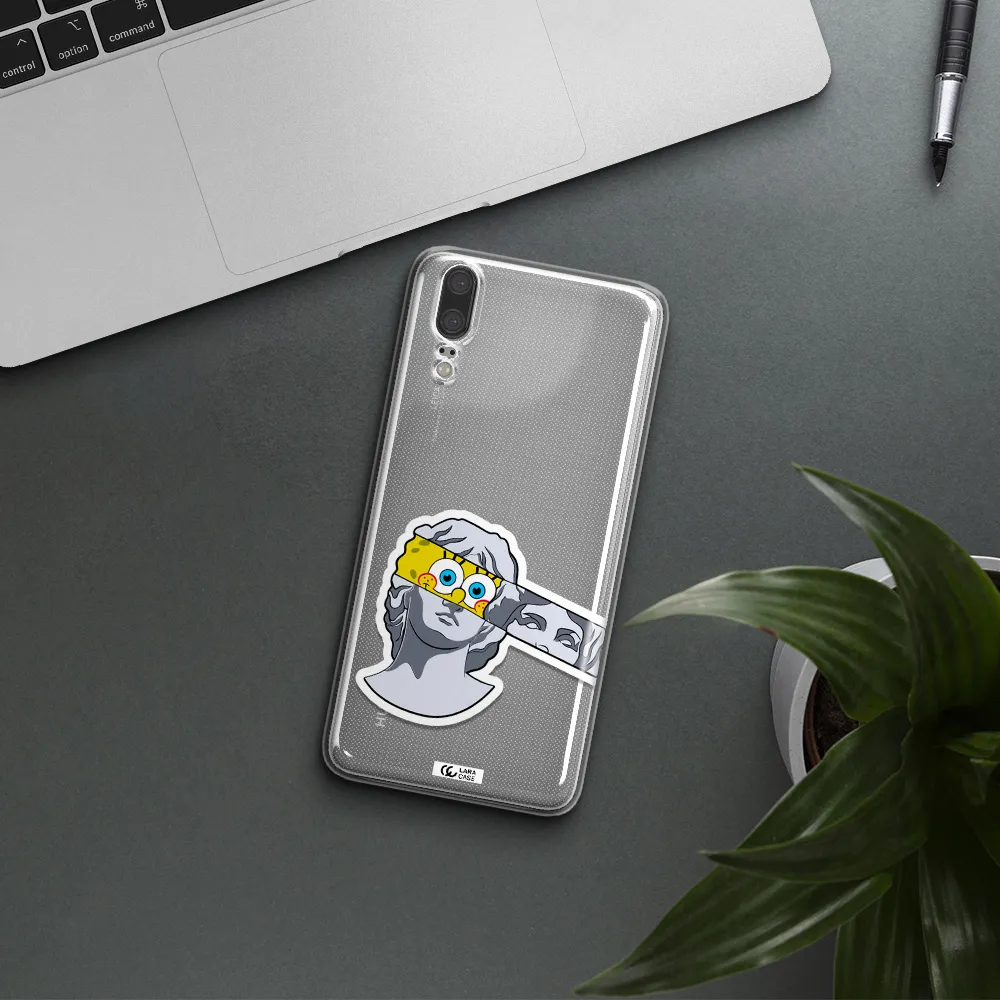 a cartoon of a statue with a yellow spongebob over its eyes Huawei P20 Clear TPU Case