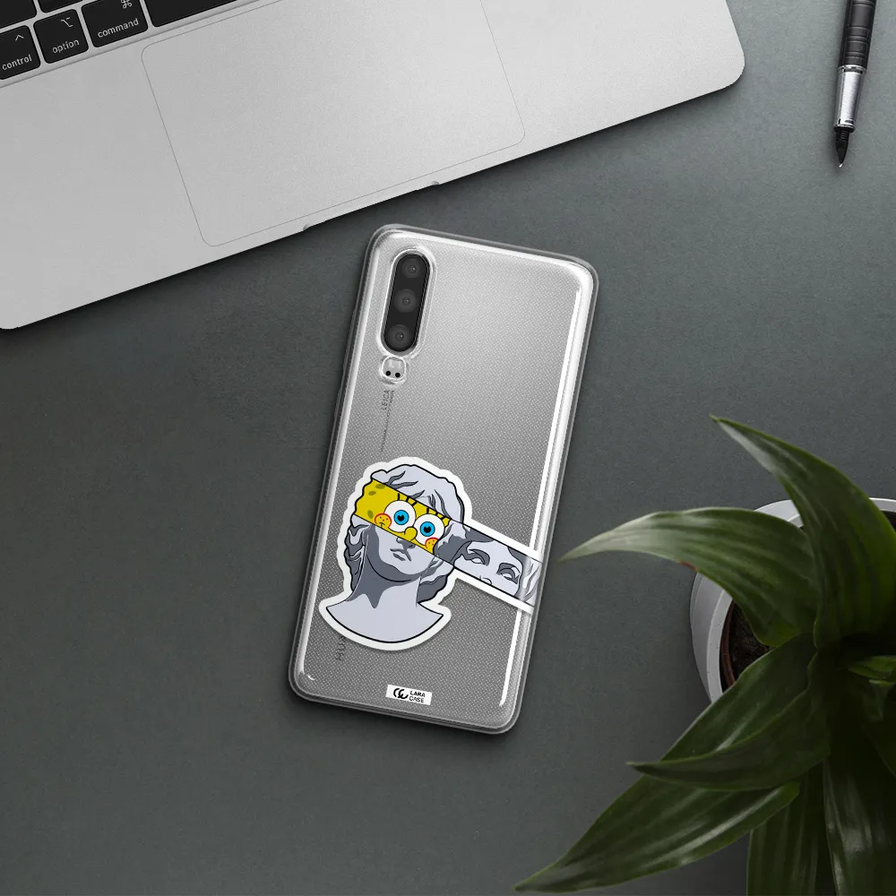 a cartoon of a statue with a yellow spongebob over its eyes Huawei P30 Clear TPU Case