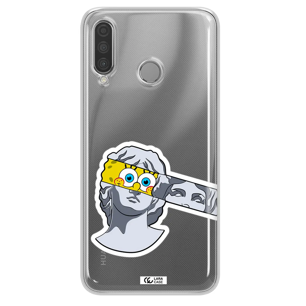 a cartoon of a statue with a yellow spongebob over its eyes Huawei P30 Lite Clear TPU Case