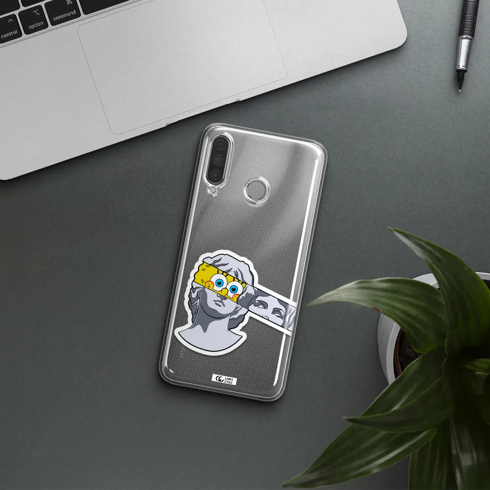 a cartoon of a statue with a yellow spongebob over its eyes Huawei P30 Lite Clear TPU Case