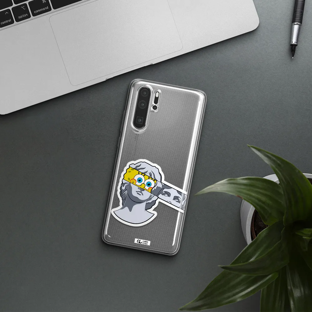 a cartoon of a statue with a yellow spongebob over its eyes Huawei P30 Pro Clear TPU Case