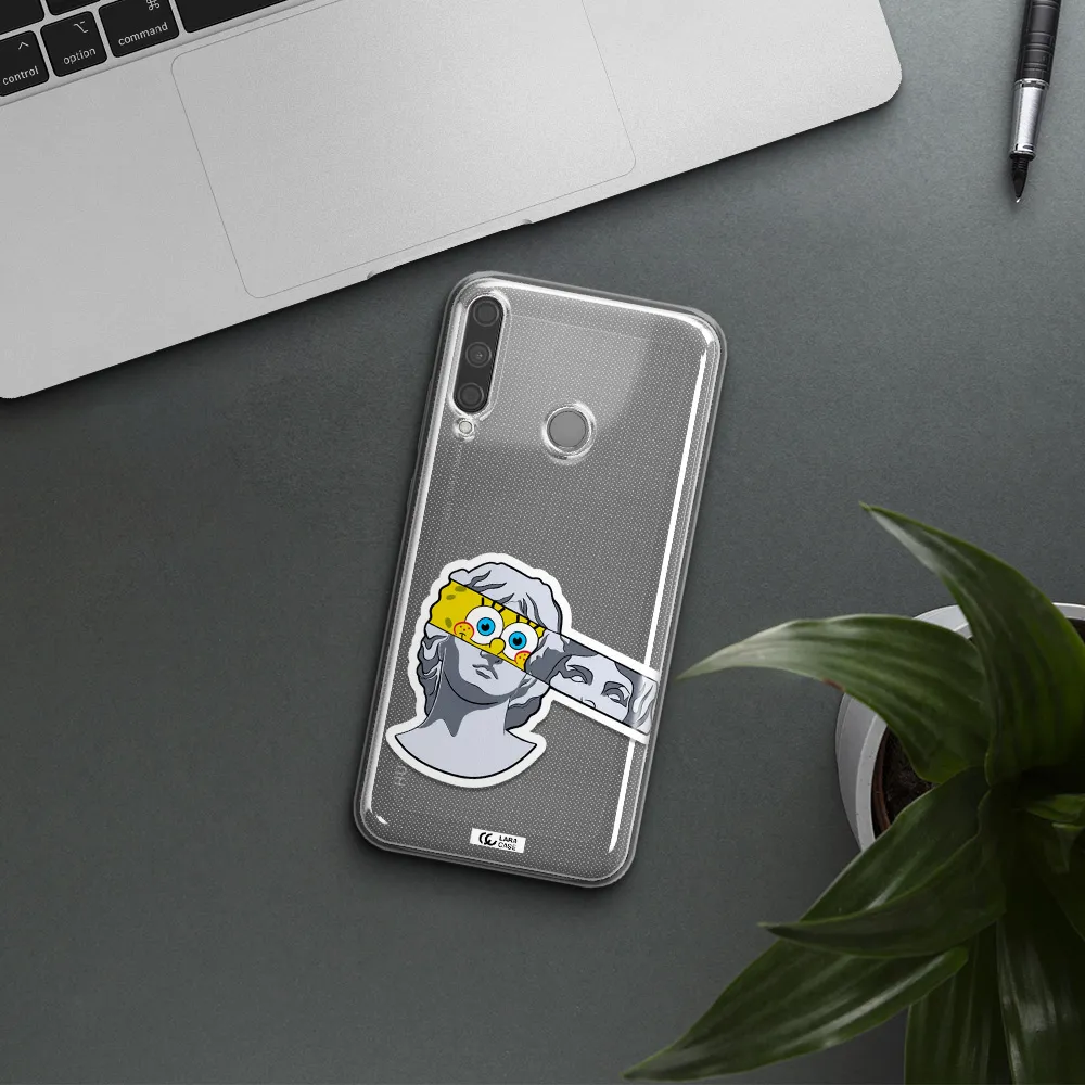 a cartoon of a statue with a yellow spongebob over its eyes Huawei P40 Lite E Clear TPU Case