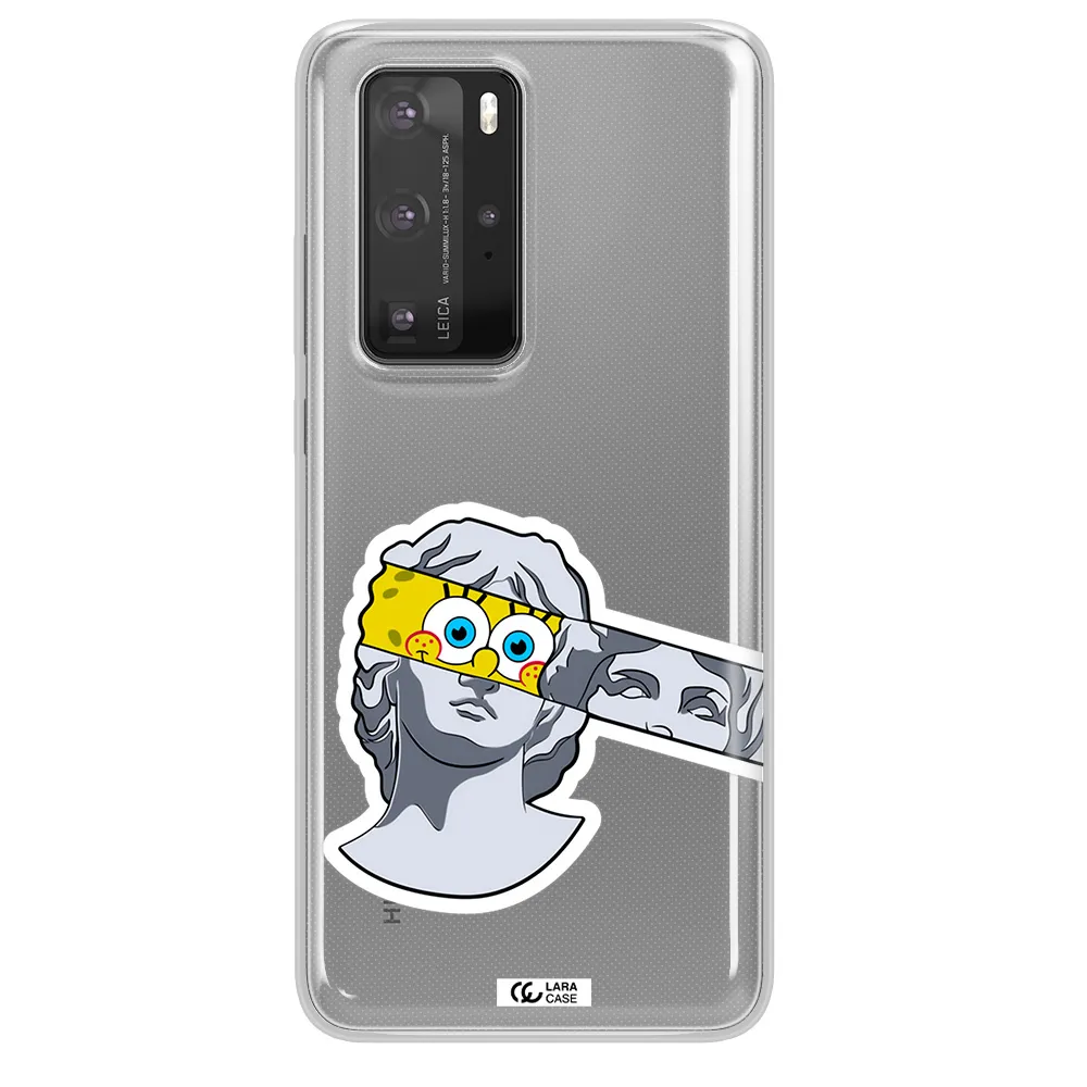a cartoon of a statue with a yellow spongebob over its eyes Huawei P40 Pro Clear TPU Case