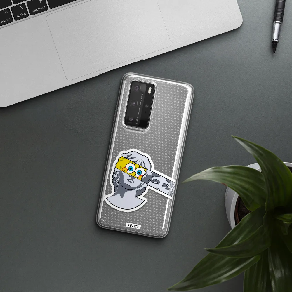 a cartoon of a statue with a yellow spongebob over its eyes Huawei P40 Pro Clear TPU Case