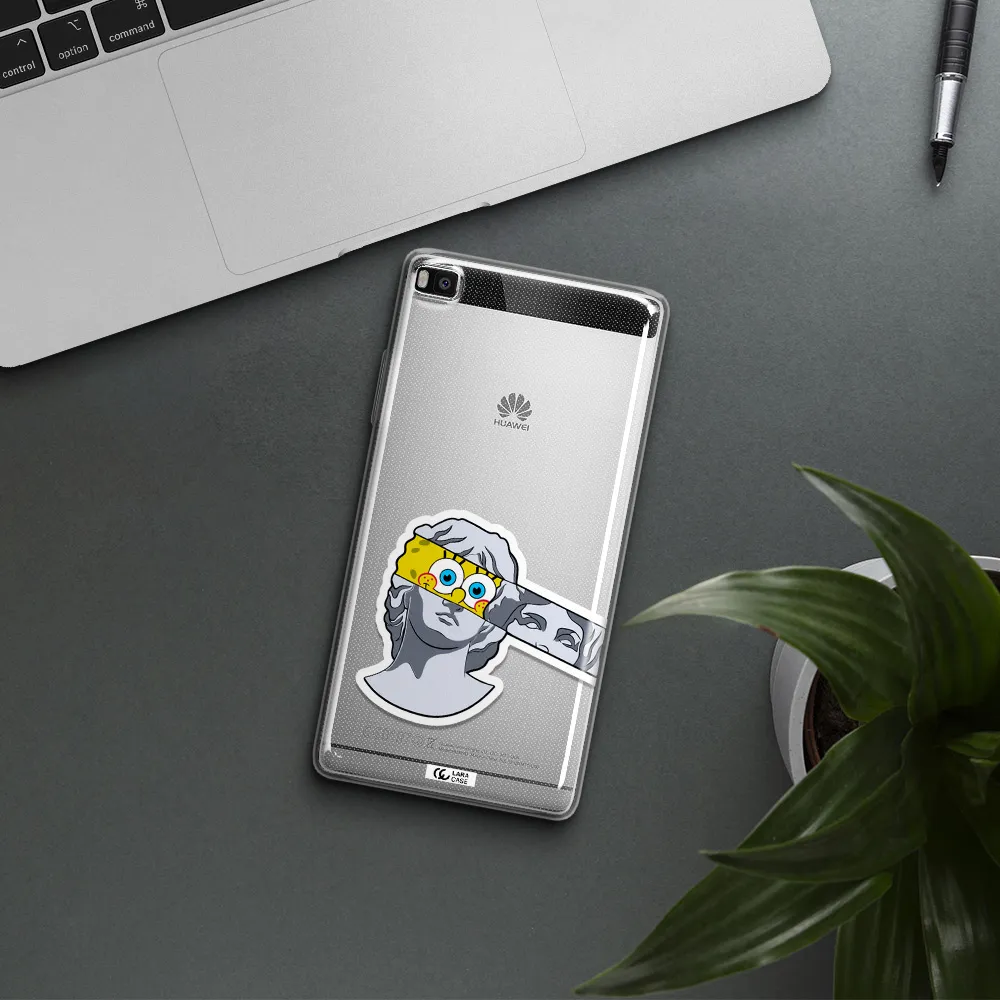 a cartoon of a statue with a yellow spongebob over its eyes Huawei P8 Clear TPU Case
