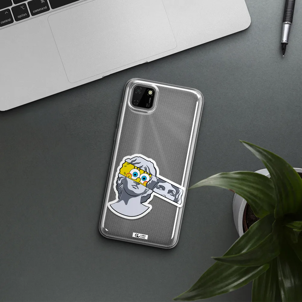 a cartoon of a statue with a yellow spongebob over its eyes Huawei Y5P Clear TPU Case