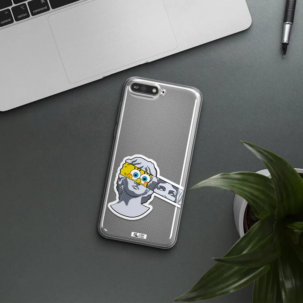 a cartoon of a statue with a yellow spongebob over its eyes Huawei Y6 2018 Clear TPU Case