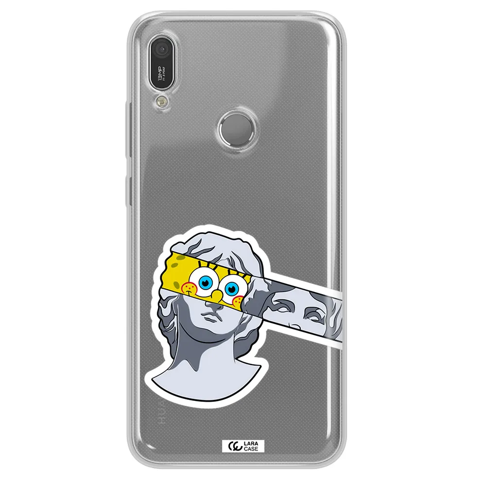 a cartoon of a statue with a yellow spongebob over its eyes Huawei Y6 2019 Clear TPU Case