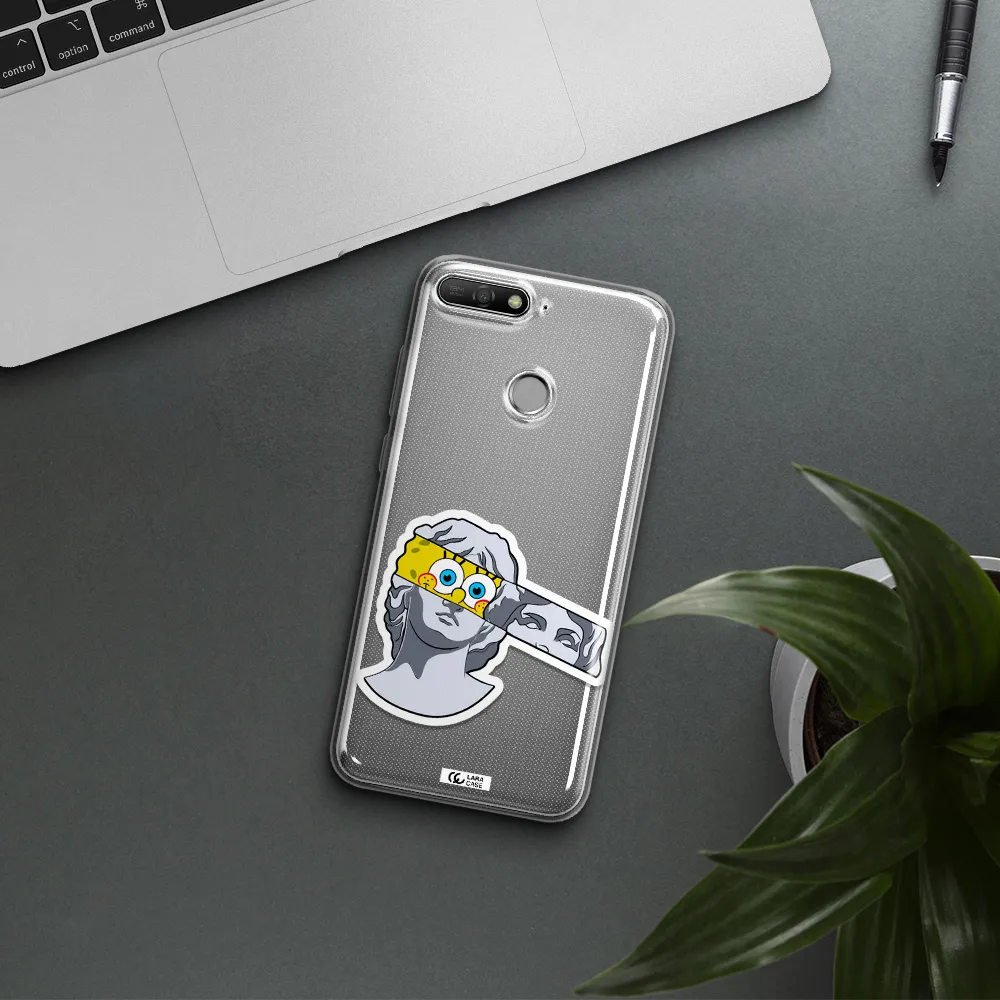 a cartoon of a statue with a yellow spongebob over its eyes Huawei Y6 Prime 2018 Clear TPU Case